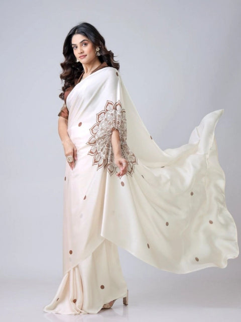 Women's Soft Crepe Silk Printed Ready To Wear Saree With Unstitched Blouse 5.5Mtr (Off White)