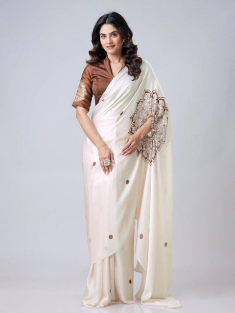 Women's Soft Crepe Silk Printed Ready To Wear Saree With Unstitched Blouse 5.5Mtr (Off White)