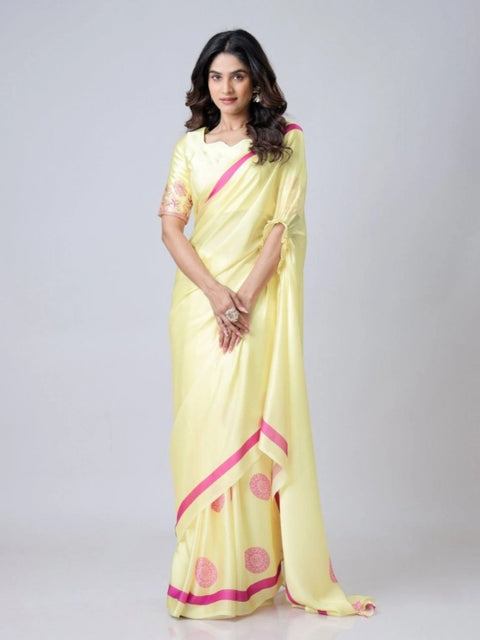 Women's Soft Crepe Silk Printed Ready To Wear Saree With Unstitched Blouse 5.5Mtr (Light Yellow)