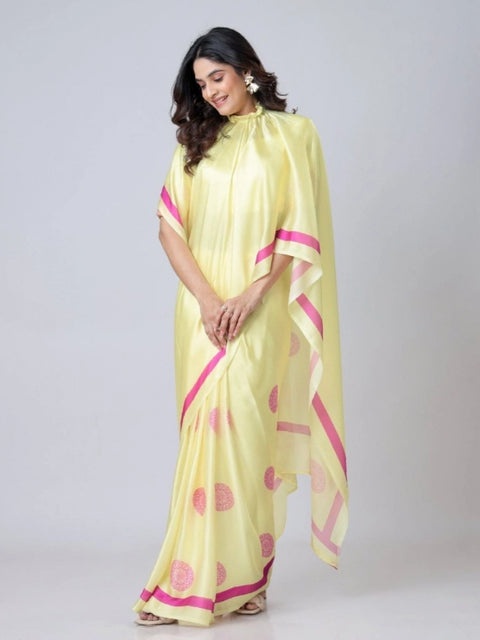 Women's Soft Crepe Silk Printed Ready To Wear Saree With Unstitched Blouse 5.5Mtr (Light Yellow)