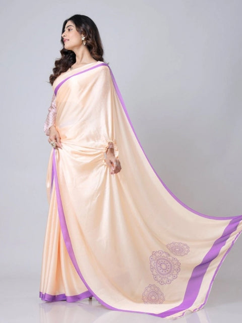 Women's Soft Crepe Silk Printed Ready To Wear Saree With Unstitched Blouse 5.5Mtr (Beige)