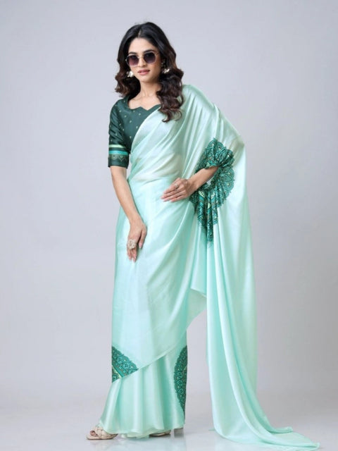 Women's Soft Crepe Silk Printed Ready To Wear Saree With Unstitched Blouse 5.5Mtr (Green)