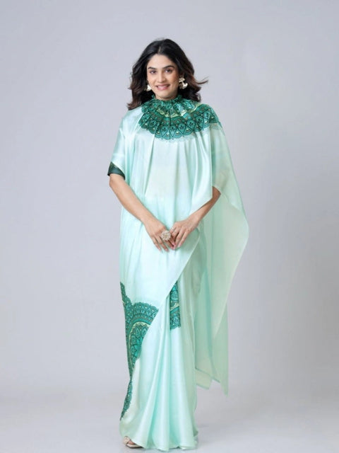 Women's Soft Crepe Silk Printed Ready To Wear Saree With Unstitched Blouse 5.5Mtr (Green)