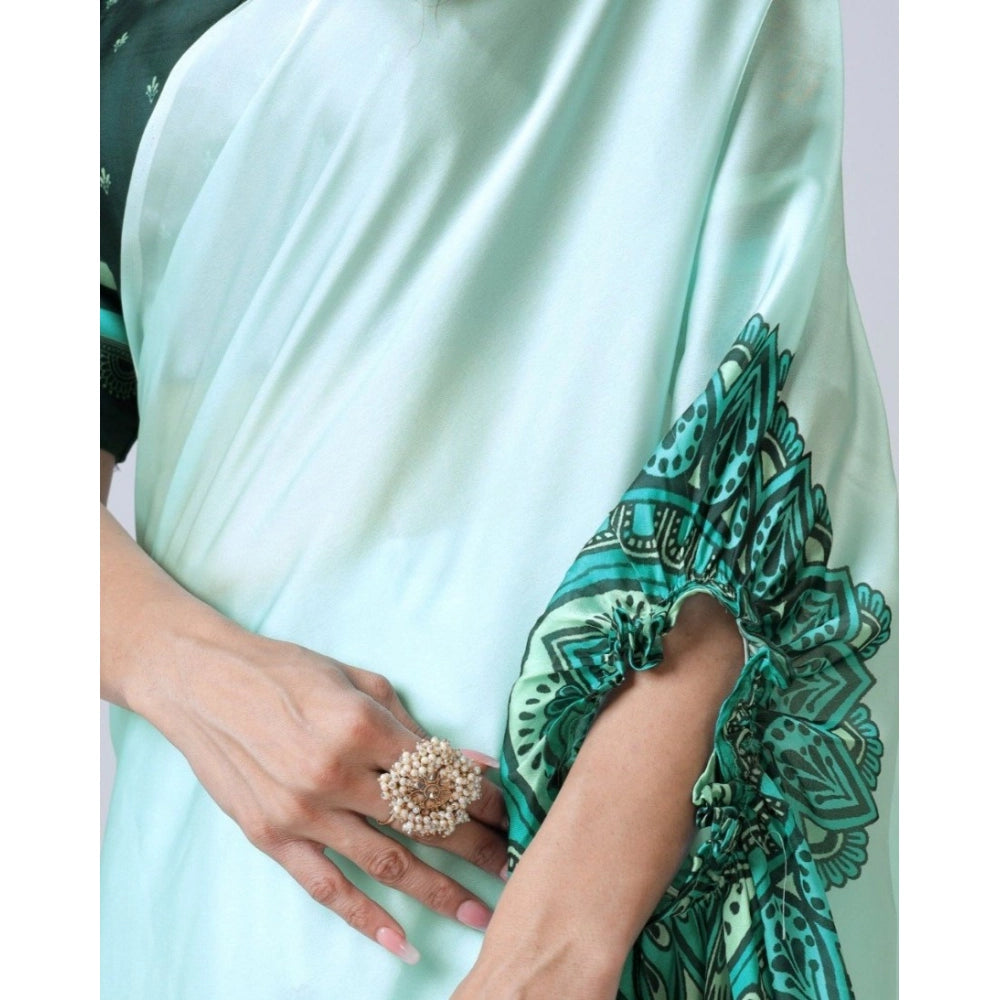 Women's Soft Crepe Silk Printed Ready To Wear Saree With Unstitched Blouse 5.5Mtr (Green)