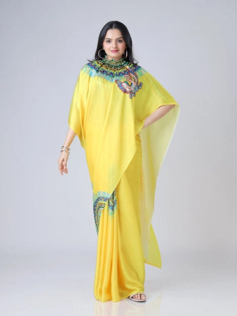 Women's Soft Crepe Silk Printed Ready To Wear Saree With Unstitched Blouse 5.5Mtr (Yellow)