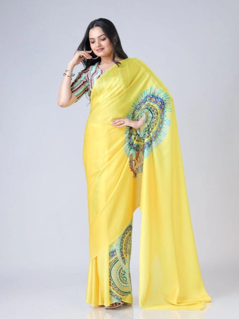 Women's Soft Crepe Silk Printed Ready To Wear Saree With Unstitched Blouse 5.5Mtr (Yellow)