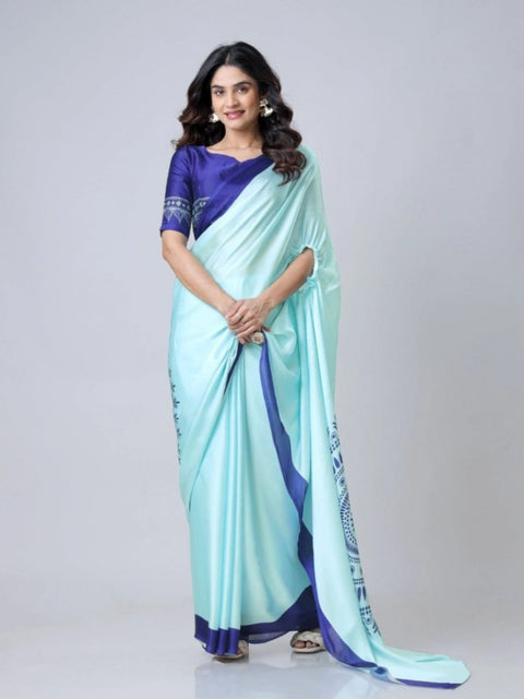 Women's Soft Crepe Silk Printed Ready To Wear Saree With Unstitched Blouse 5.5Mtr (Turquoise)