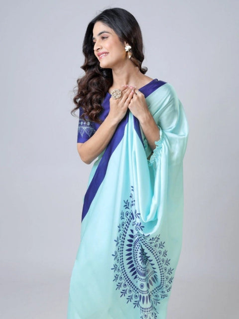 Women's Soft Crepe Silk Printed Ready To Wear Saree With Unstitched Blouse 5.5Mtr (Turquoise)