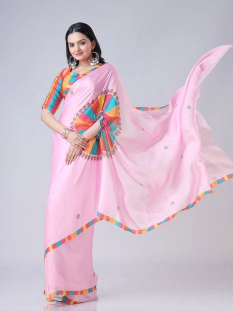 Women's Soft Crepe Silk Printed Ready To Wear Saree With Unstitched Blouse 5.5Mtr (Pink)