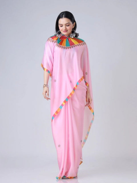 Women's Soft Crepe Silk Printed Ready To Wear Saree With Unstitched Blouse 5.5Mtr (Pink)