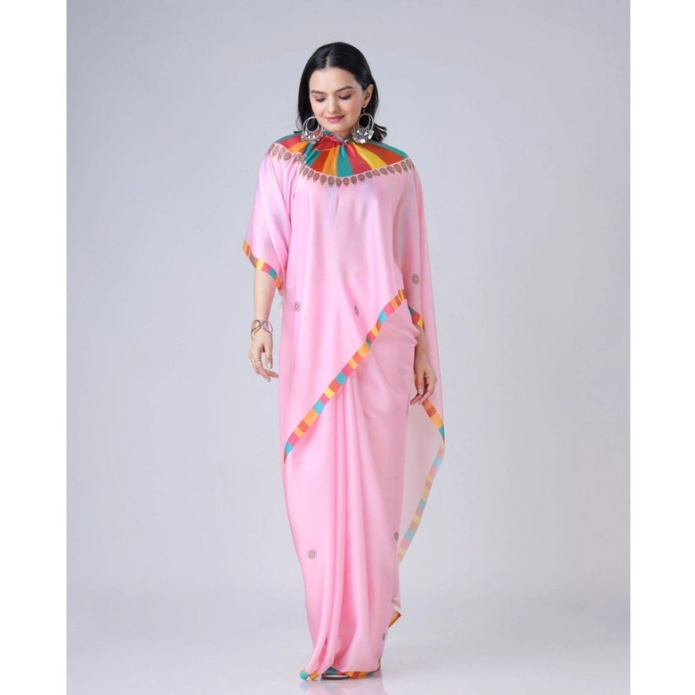 Women's Soft Crepe Silk Printed Ready To Wear Saree With Unstitched Blouse 5.5Mtr (Pink)