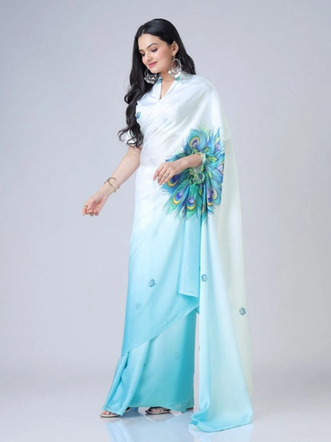 Women's Soft Crepe Silk Printed Ready To Wear Saree With Unstitched Blouse 5.5Mtr (Sky Blue)