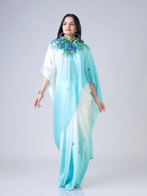 Women's Soft Crepe Silk Printed Ready To Wear Saree With Unstitched Blouse 5.5Mtr (Sky Blue)
