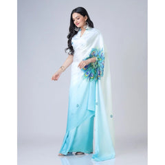 Generic Women's Soft Crepe Silk Printed Ready To Wear Saree With Unstitched Blouse 5.5Mtr (Sky Blue)