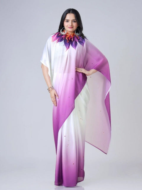 Women's Soft Crepe Silk Printed Ready To Wear Saree With Unstitched Blouse 5.5Mtr (Purple)
