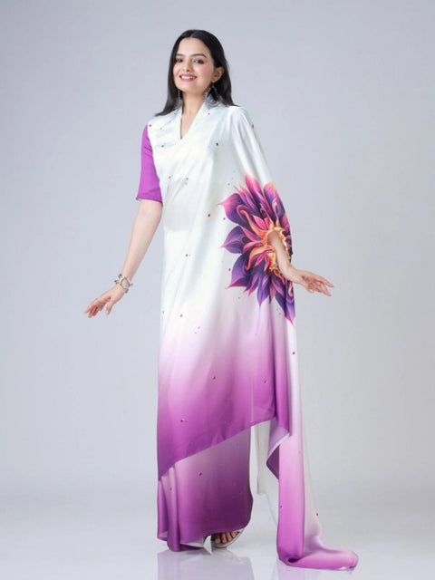 Women's Soft Crepe Silk Printed Ready To Wear Saree With Unstitched Blouse 5.5Mtr (Purple)