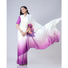 Women's Soft Crepe Silk Printed Ready To Wear Saree With Unstitched Blouse 5.5Mtr (Purple)