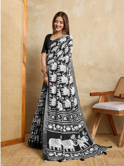 Women's Silk Blend Printed Saree With Unstitched Blouse 5.5Mtr (Black)
