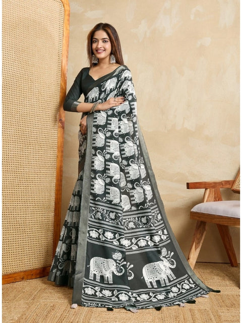 Women's Silk Blend Printed Saree With Unstitched Blouse 5.5Mtr (Green)