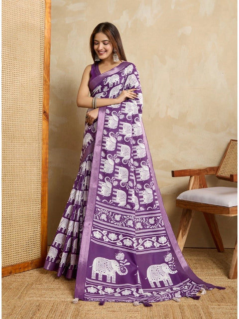 Women's Silk Blend Printed Saree With Unstitched Blouse 5.5Mtr (Purple)
