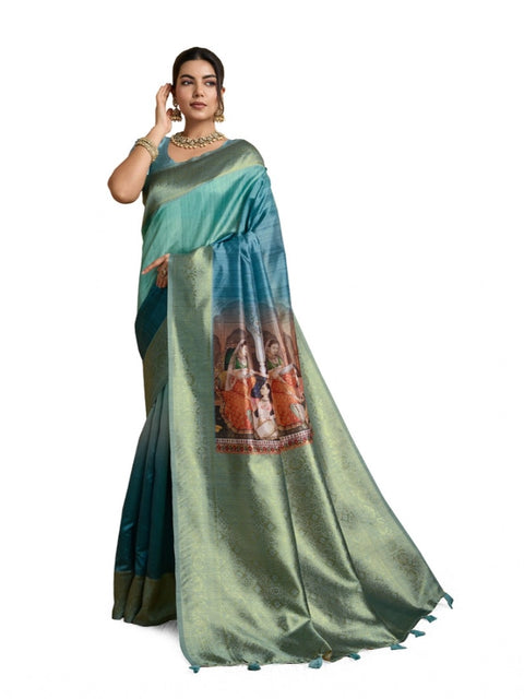 Women's Silk Printed Saree With Unstitched Blouse 5.5Mtr (Blue)
