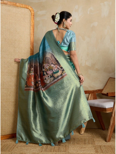 Women's Silk Printed Saree With Unstitched Blouse 5.5Mtr (Blue)