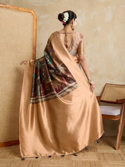 Women's Silk Printed Saree With Unstitched Blouse 5.5Mtr (Brown)
