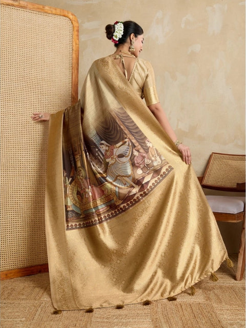 Women's Silk Printed Saree With Unstitched Blouse 5.5Mtr (Gold)