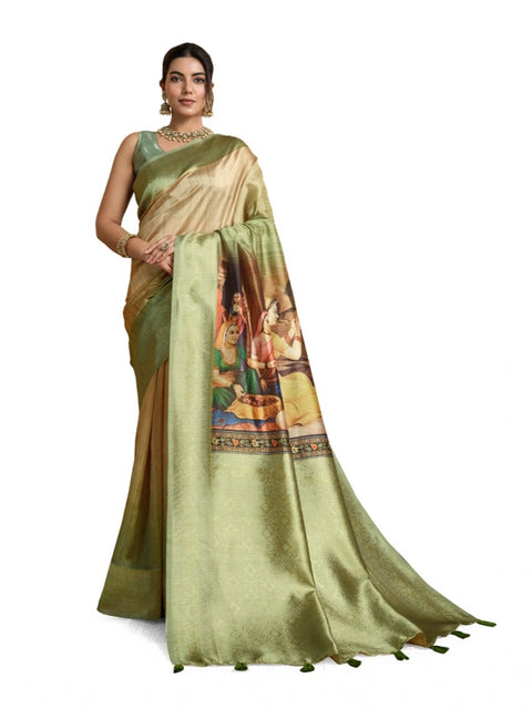 Women's Silk Printed Saree With Unstitched Blouse 5.5Mtr (Mehendi)