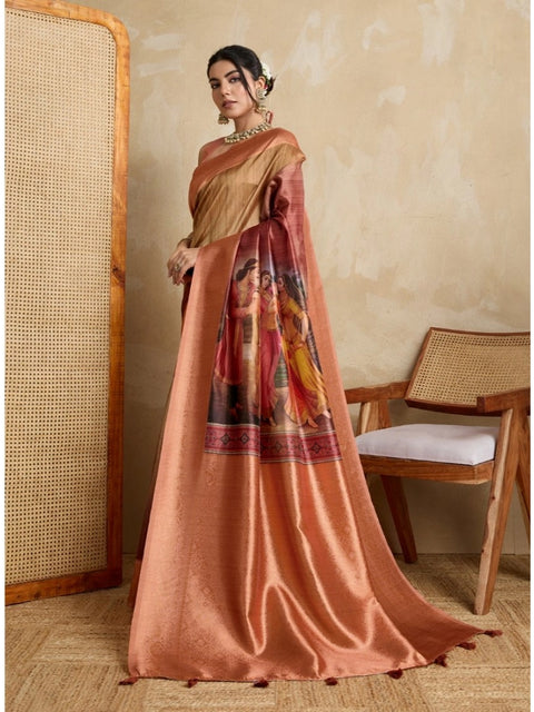 Women's Silk Printed Saree With Unstitched Blouse 5.5Mtr (Peach)