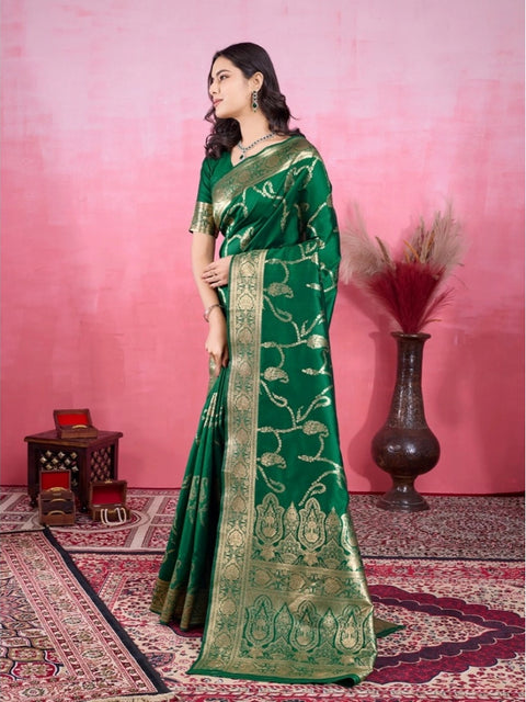 Women's Banarasi Silk Printed Saree With Unstitched Blouse 5.5Mtr (Green)