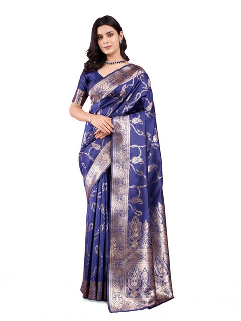 Women's Banarasi Silk Printed Saree With Unstitched Blouse 5.5Mtr (Blue)
