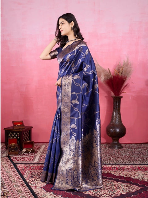 Women's Banarasi Silk Printed Saree With Unstitched Blouse 5.5Mtr (Blue)