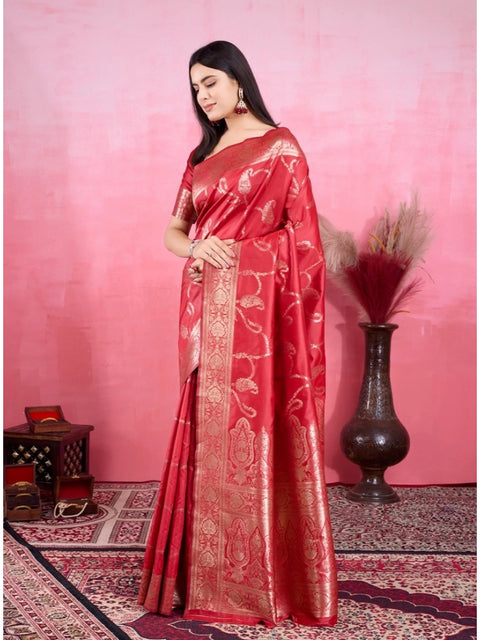 Women's Banarasi Silk Printed Saree With Unstitched Blouse 5.5Mtr (Red)