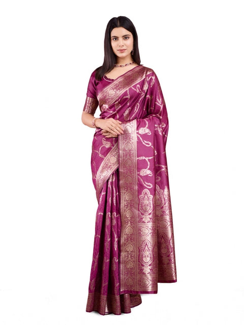 Women's Banarasi Silk Printed Saree With Unstitched Blouse 5.5Mtr (Wine)
