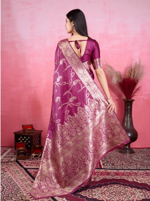 Women's Banarasi Silk Printed Saree With Unstitched Blouse 5.5Mtr (Wine)