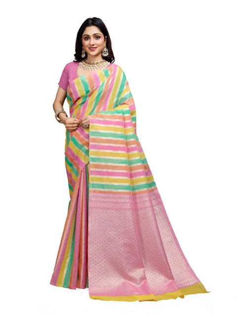 Women's Cotton Blended Printed Saree With Unstitched Blouse 5.5Mtr (Pink)