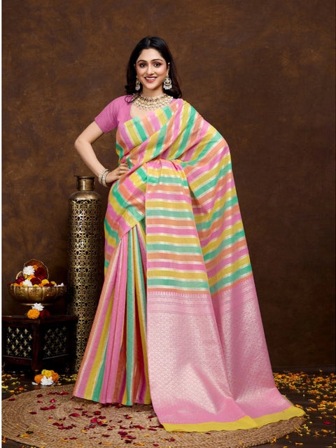 Women's Cotton Blended Printed Saree With Unstitched Blouse 5.5Mtr (Pink)
