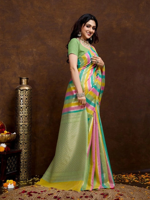 Women's Cotton Blended Printed Saree With Unstitched Blouse 5.5Mtr (Pista)