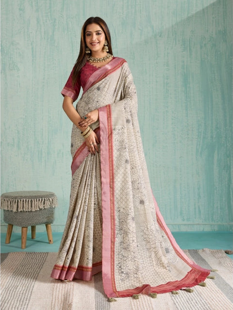 Women's Silk Blend Printed Saree With Unstitched Blouse 5.5Mtr (Beige)