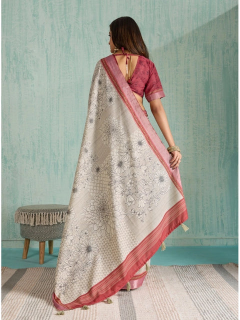 Women's Silk Blend Printed Saree With Unstitched Blouse 5.5Mtr (Beige)