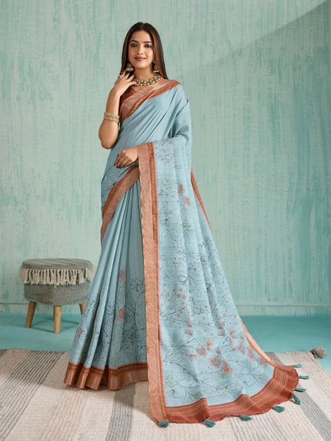 Women's Silk Blend Printed Saree With Unstitched Blouse 5.5Mtr (Blue)