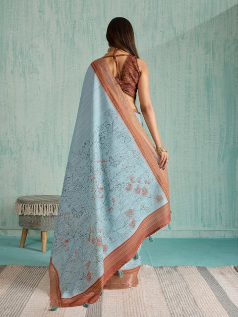 Women's Silk Blend Printed Saree With Unstitched Blouse 5.5Mtr (Blue)