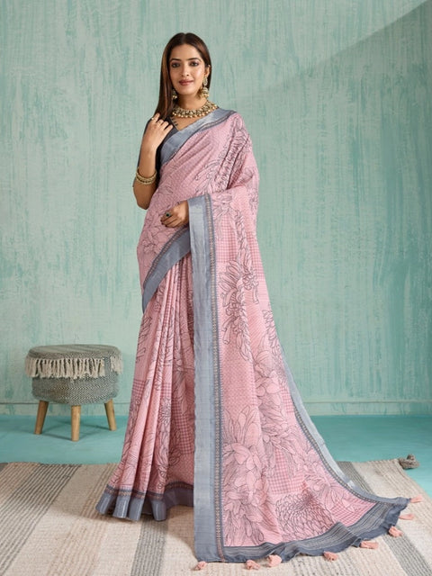 Women's Silk Blend Printed Saree With Unstitched Blouse 5.5Mtr (Pink)