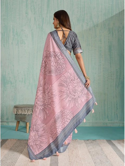 Women's Silk Blend Printed Saree With Unstitched Blouse 5.5Mtr (Pink)