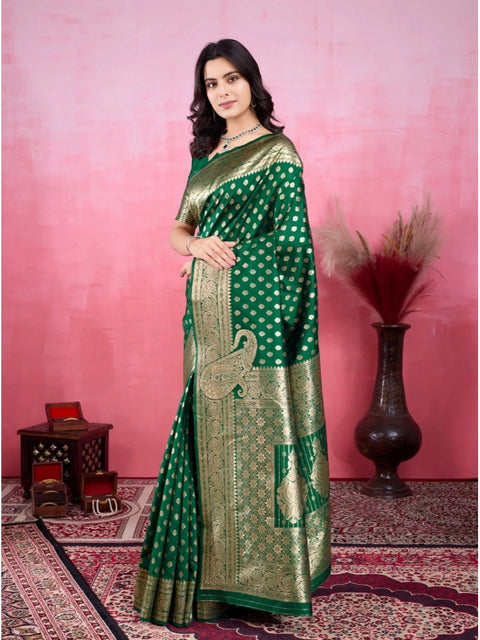 Women's Banarasi Silk Printed Saree With Unstitched Blouse 5.5Mtr (Green)