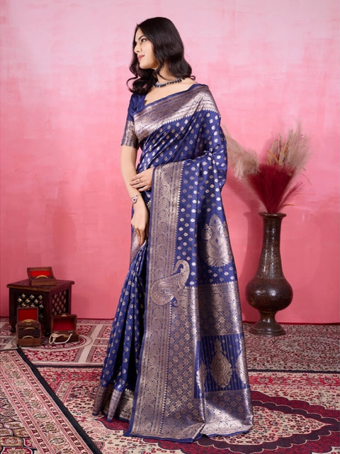 Women's Banarasi Silk Printed Saree With Unstitched Blouse 5.5Mtr (Blue)