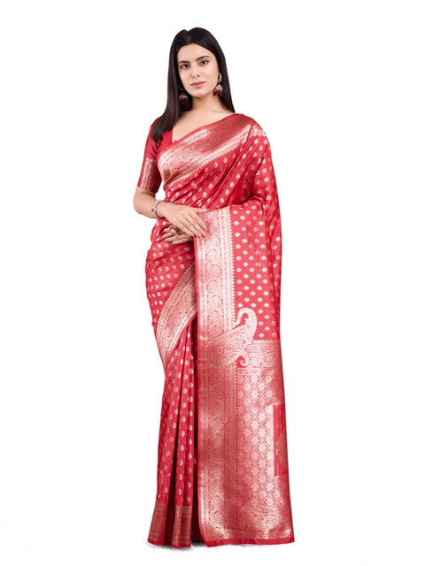 Women's Banarasi Silk Printed Saree With Unstitched Blouse 5.5Mtr (Red)