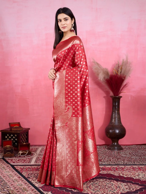 Women's Banarasi Silk Printed Saree With Unstitched Blouse 5.5Mtr (Red)