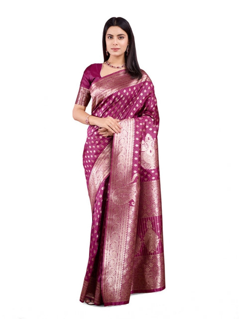 Women's Banarasi Silk Printed Saree With Unstitched Blouse 5.5Mtr (Wine)